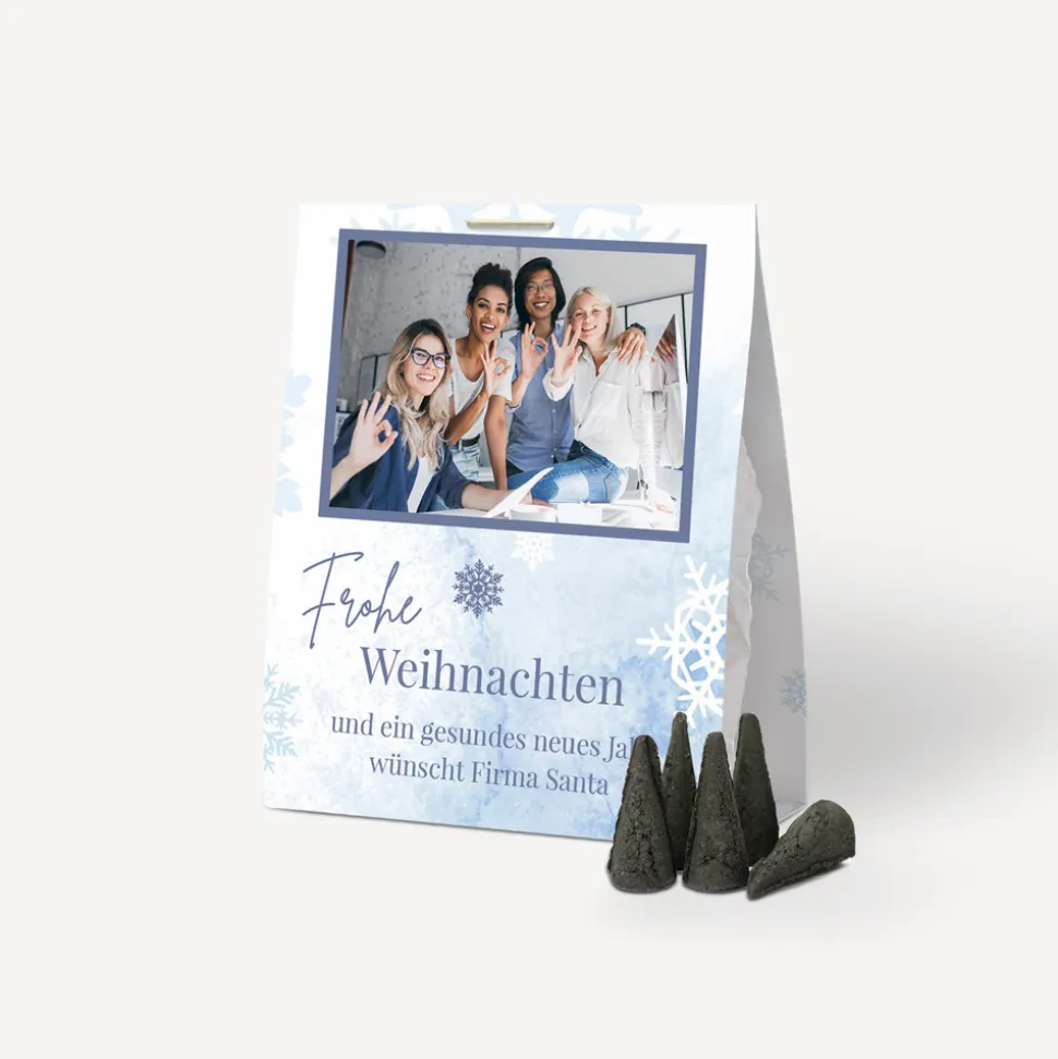 Aufsteller + Tütchen "Schneeflocken" mit 5 Crottendorfer Räucherkerzen "Weihrauch"
