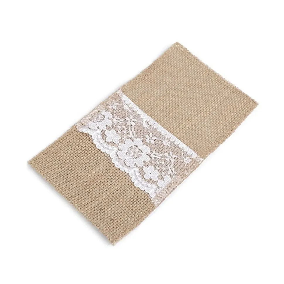 Bestecktasche Jute Vintage mit Spitze 4 Stück