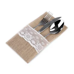 Bestecktasche Jute Vintage mit Spitze 4 Stück