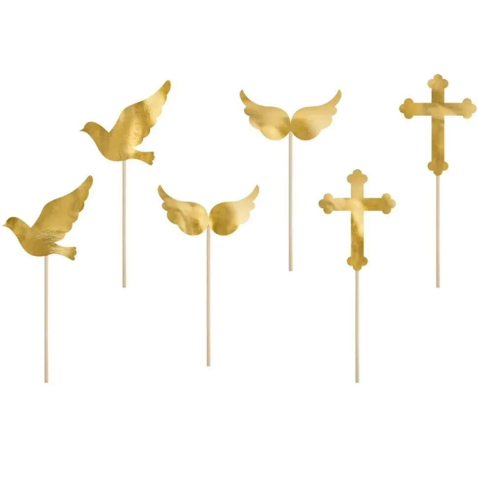 Cupcake Topper Set gold "Kreuz, Taube, Flügel" 6 Stück