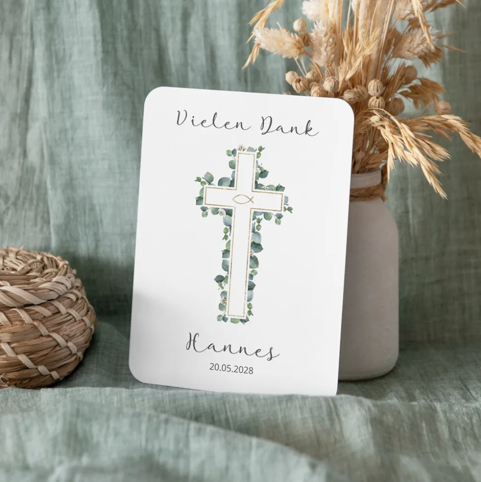 Danksagung Konfirmation runde Ecken "Eukalyptus Kreuz"