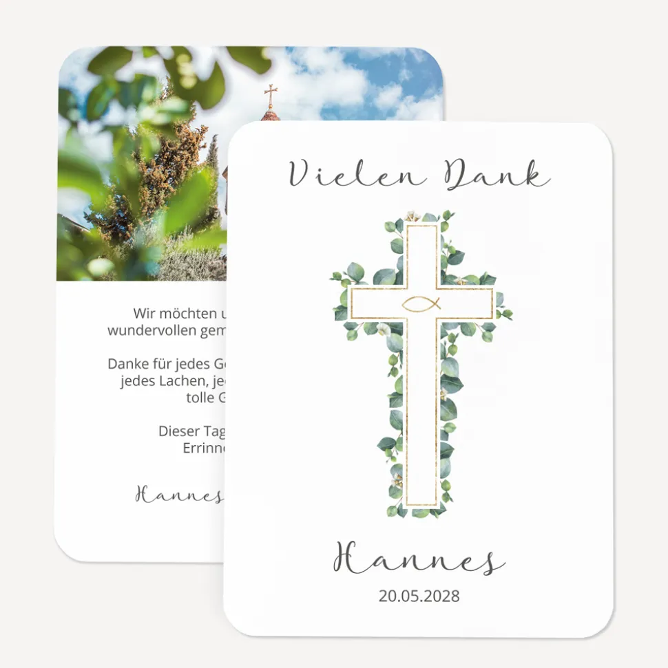 Danksagung Konfirmation runde Ecken "Eukalyptus Kreuz"