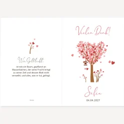 Danksagung Taufe "Baum Herzen" rosa