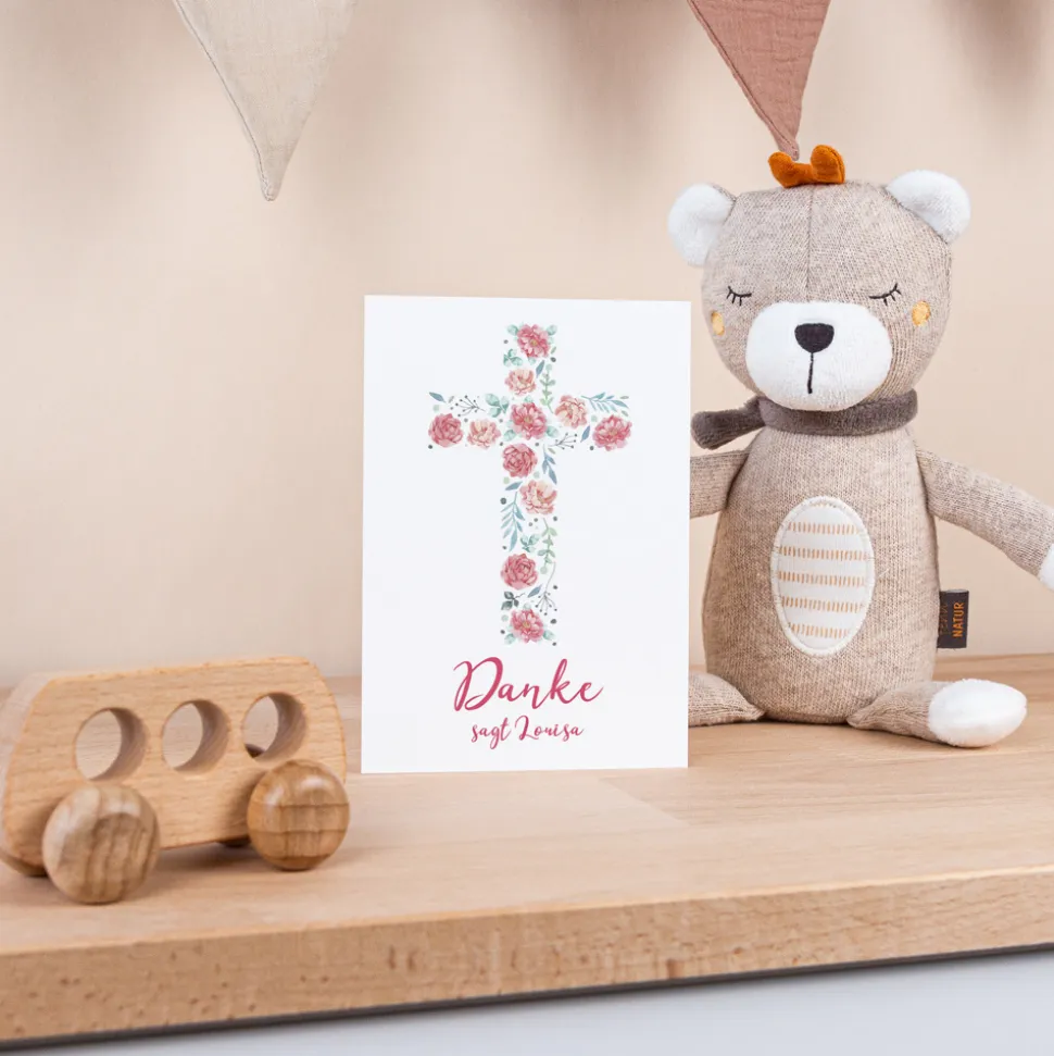 Danksagung Taufe "Kreuz mit Blumen"