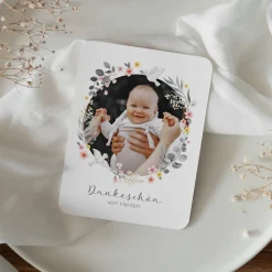 Danksagung Taufe runde Ecken "Blumenkranz mit Tauben"