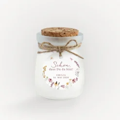 Duftkerze Vanille mit Korkdeckel + Anhänger "Wildromantische Blüten"