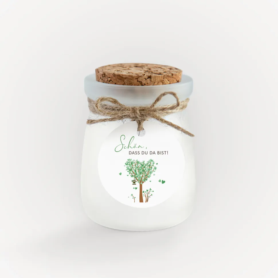 Duftkerze Vanille mit Korkdeckel + Anhänger "Baum Herzen"