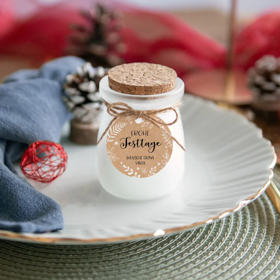 Duftkerze Vanille mit Korkdeckel + Anhänger geschäftlich "Frohe Weihnachten"