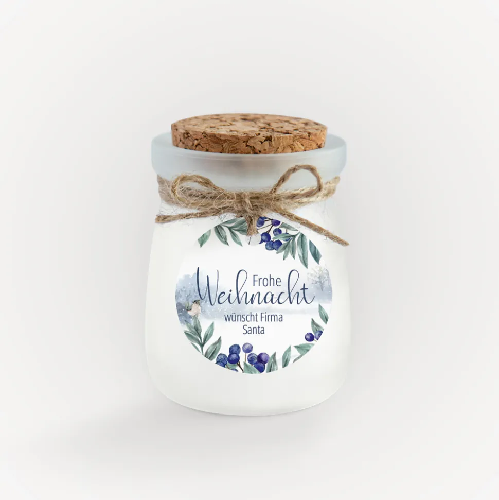 Duftkerze Vanille mit Korkdeckel + Anhänger geschäftlich "Winterlandschaft"
