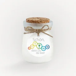Duftkerze Vanille mit Korkdeckel + Anhänger "Regenbogen Symbole"