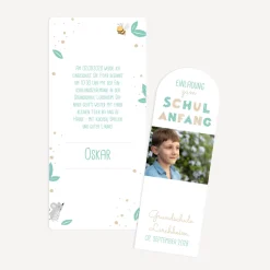 Einladung Einschulung mit Lesezeichen "Tierische Buchstaben"