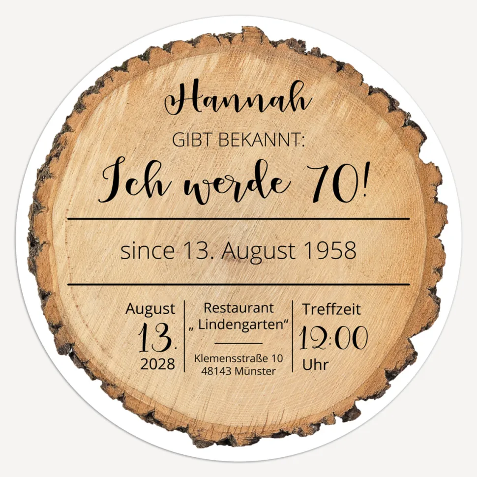Einladung 70. Geburtstag "Baumscheibe"