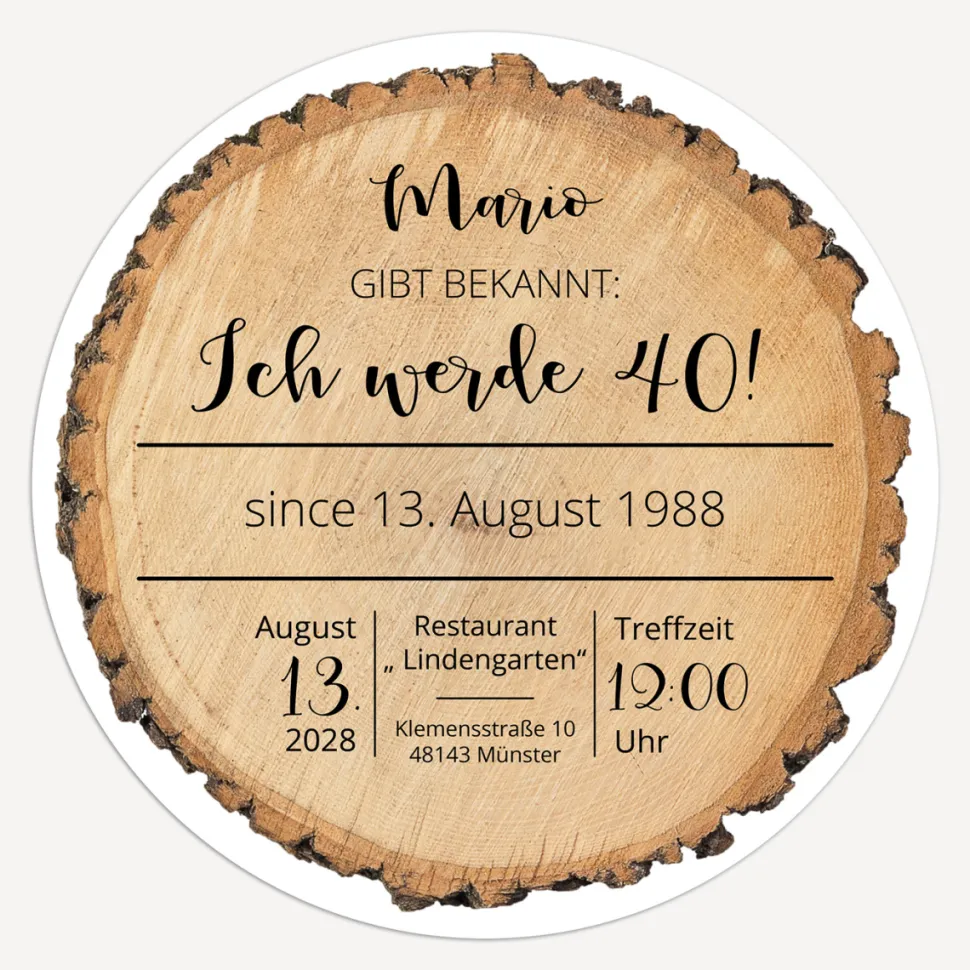Einladung 40. Geburtstag "Baumscheibe"