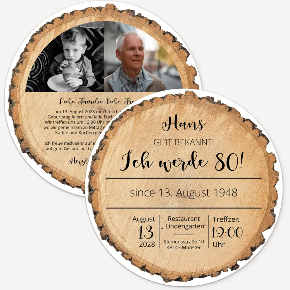Einladung 80. Geburtstag "Baumscheibe"