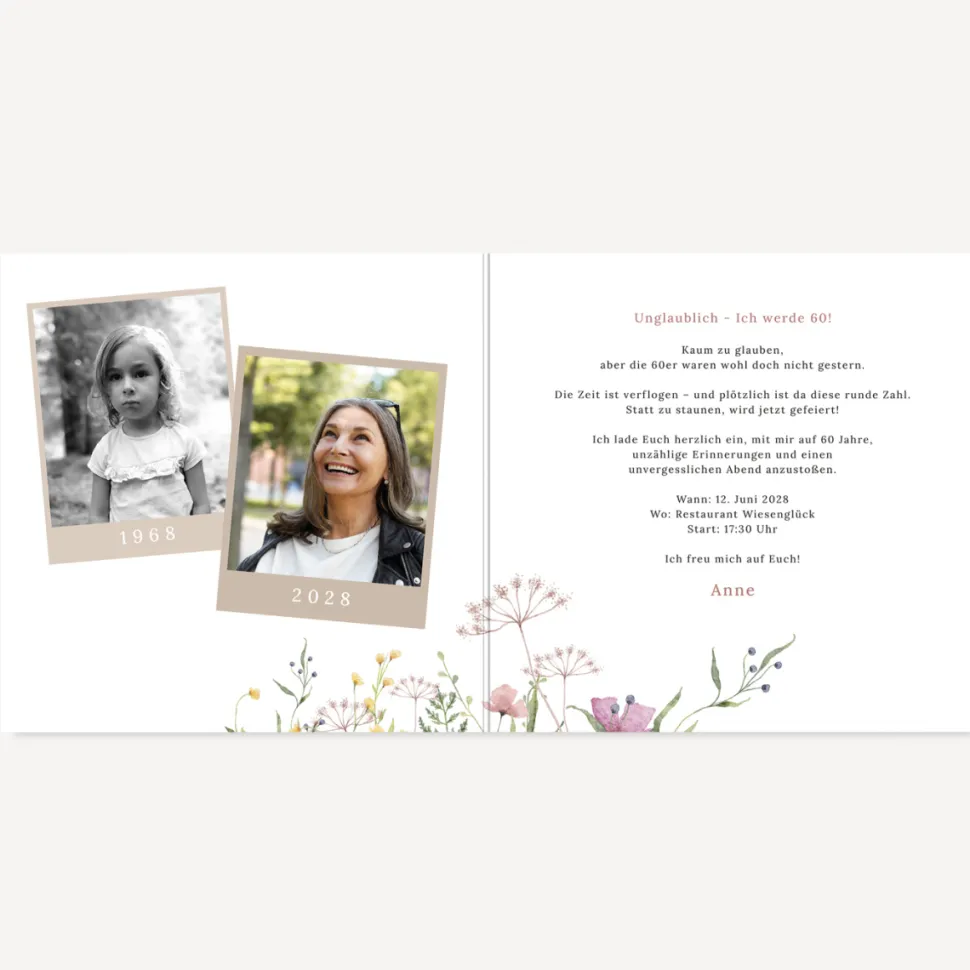 Einladung 60. Geburtstag Klappkarte quadratisch "Blooming Romance"