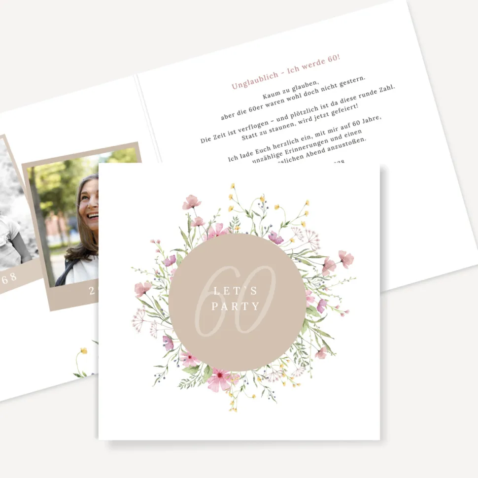 Einladung 60. Geburtstag Klappkarte quadratisch "Blooming Romance"