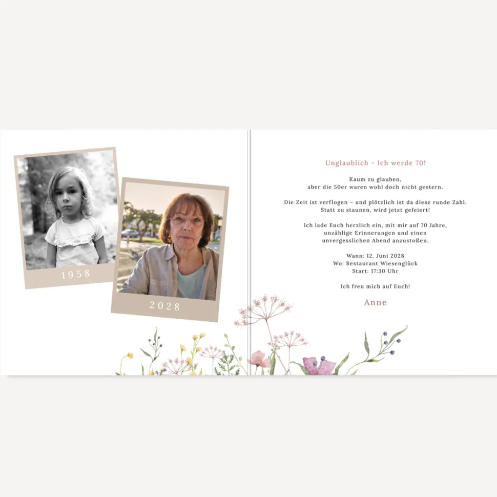 Einladung 70. Geburtstag Klappkarte quadratisch "Blooming Romance"