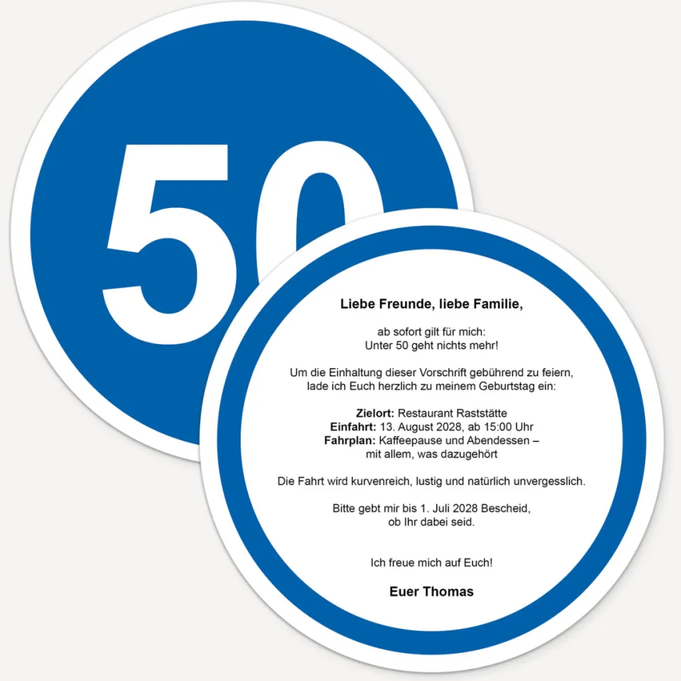 Einladung 50. Geburtstag "Mindestgeschwindigkeit"