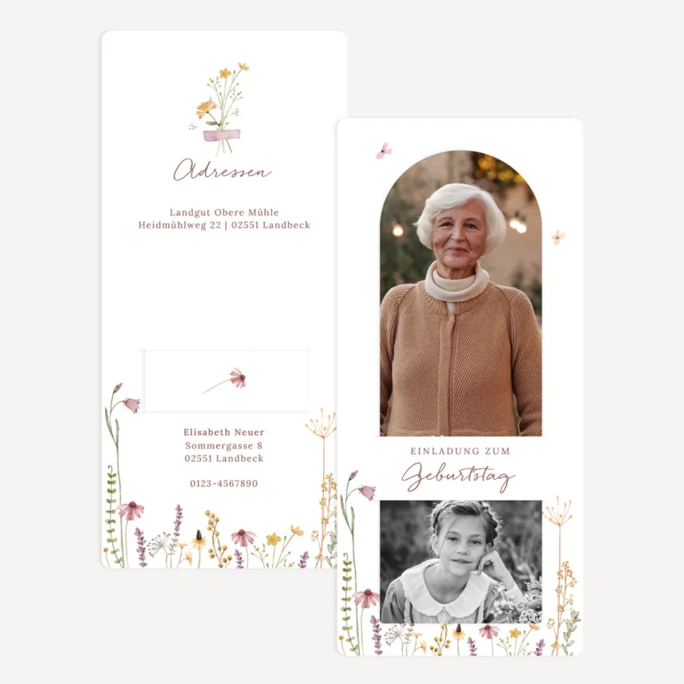 Einladung 70. Geburtstag mit Lesezeichen "Wildromantische Blüten"