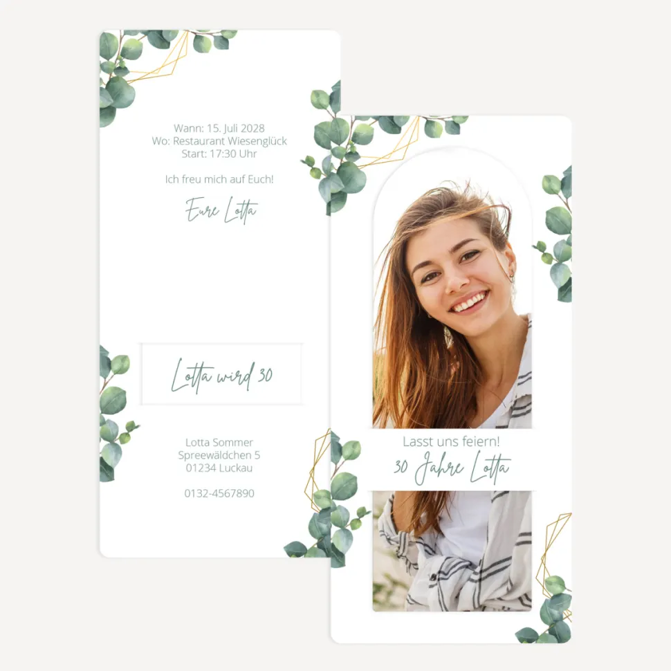 Einladung 30. Geburtstag mit Lesezeichen "Eukalyptus Geometrie"