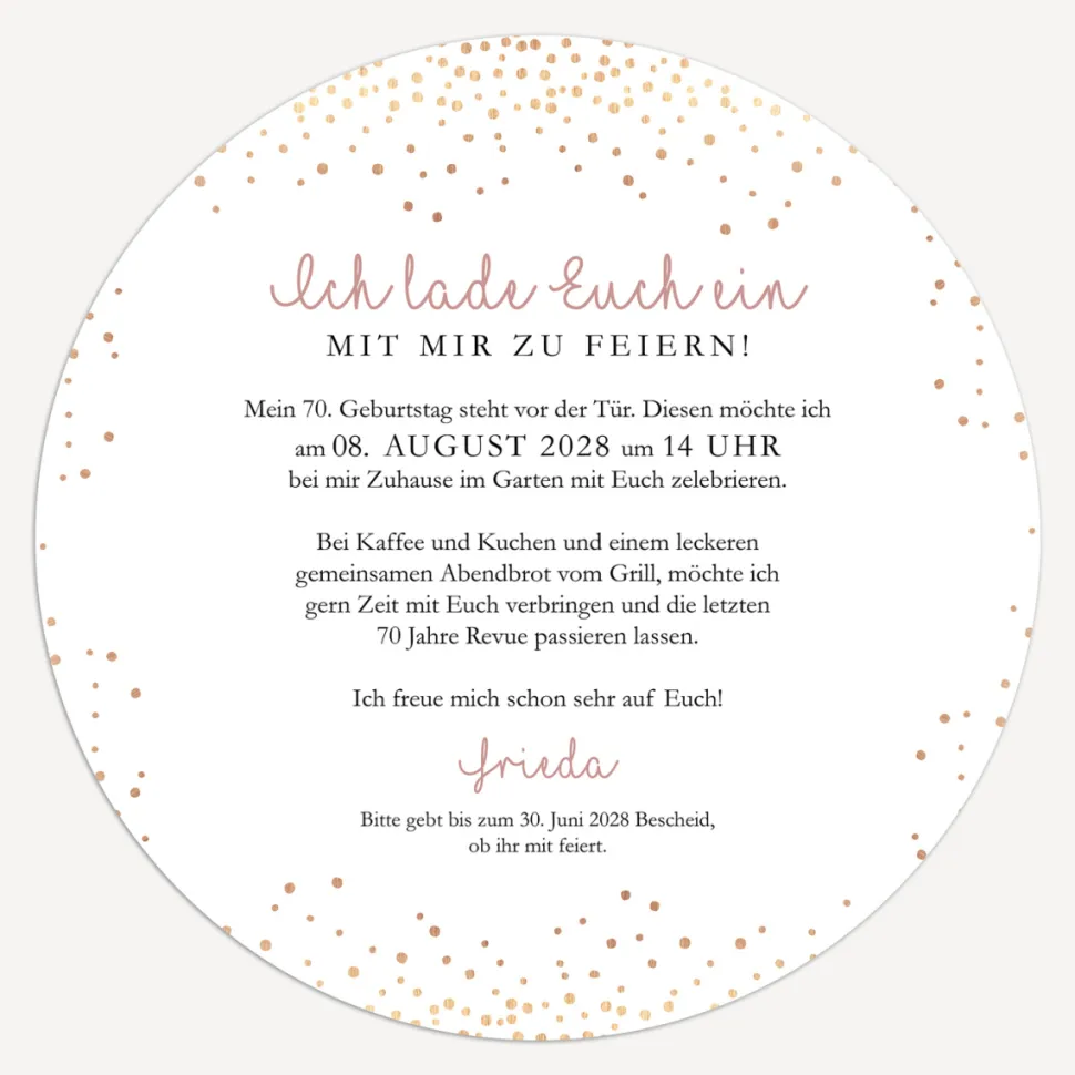 Einladung 70. Geburtstag "Roségold Sparkles"