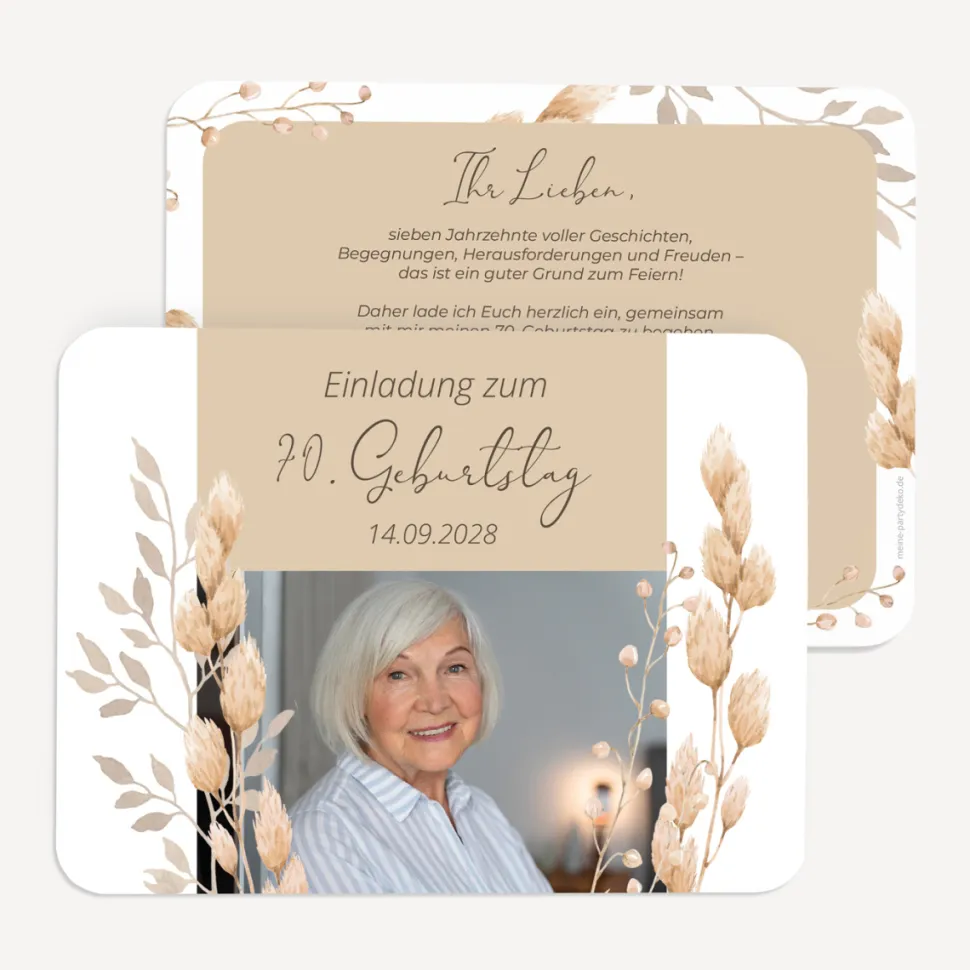 Einladung 70. Geburtstag runde Ecken "Trockengras"