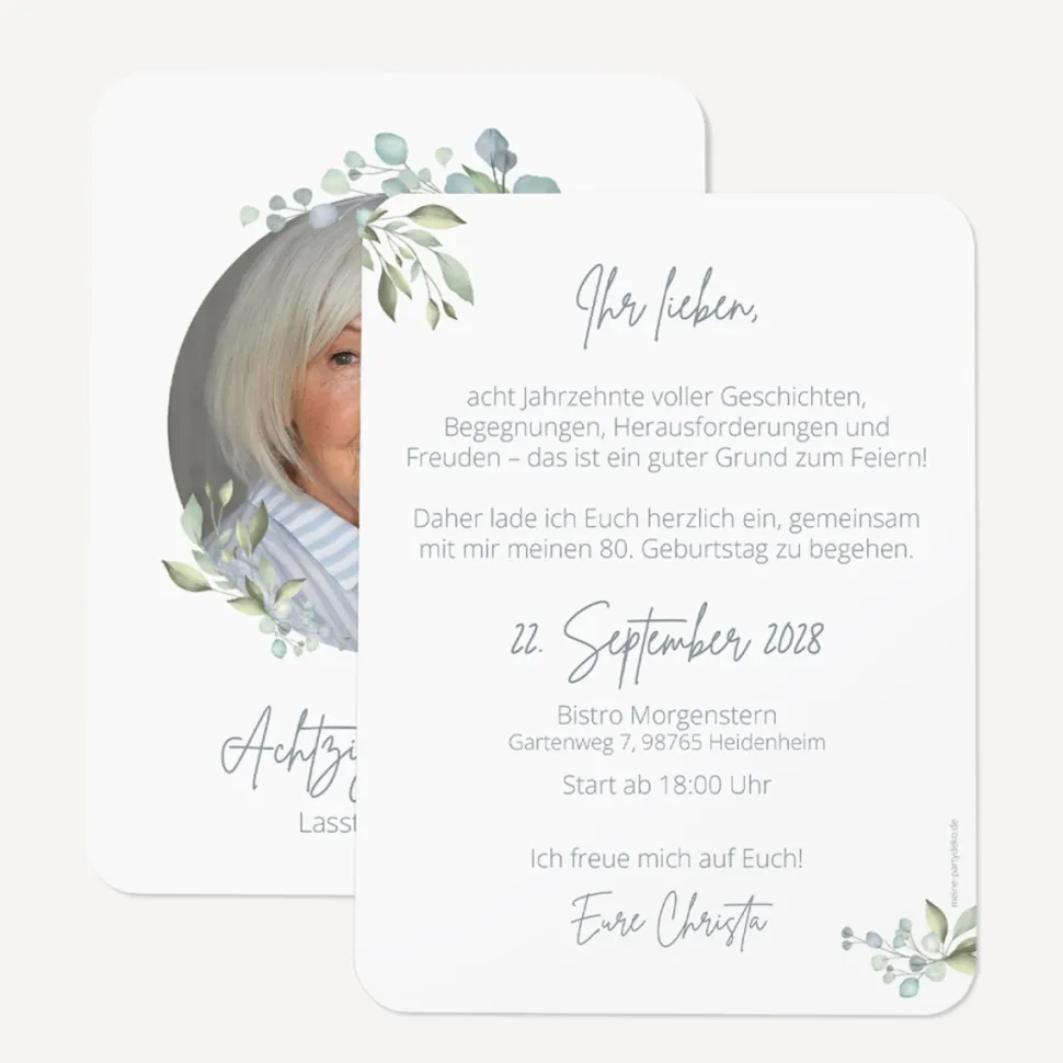 Einladung 80. Geburtstag runde Ecken "Naturell"