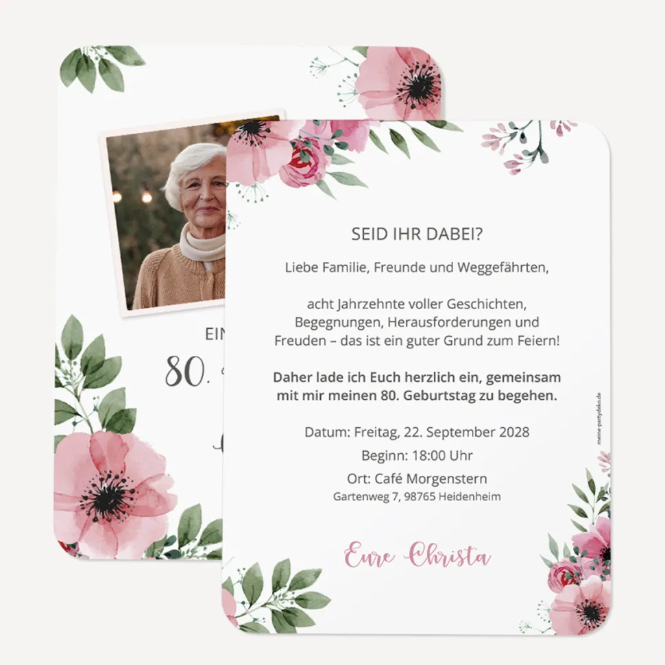 Einladung 80. Geburtstag runde Ecken "Bohemian Summer"