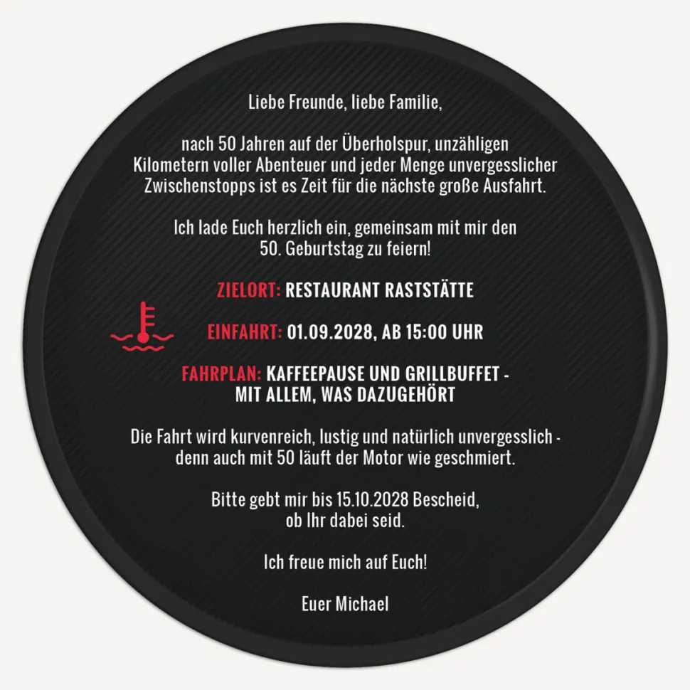 Einladung 50. Geburtstag "Tacho"