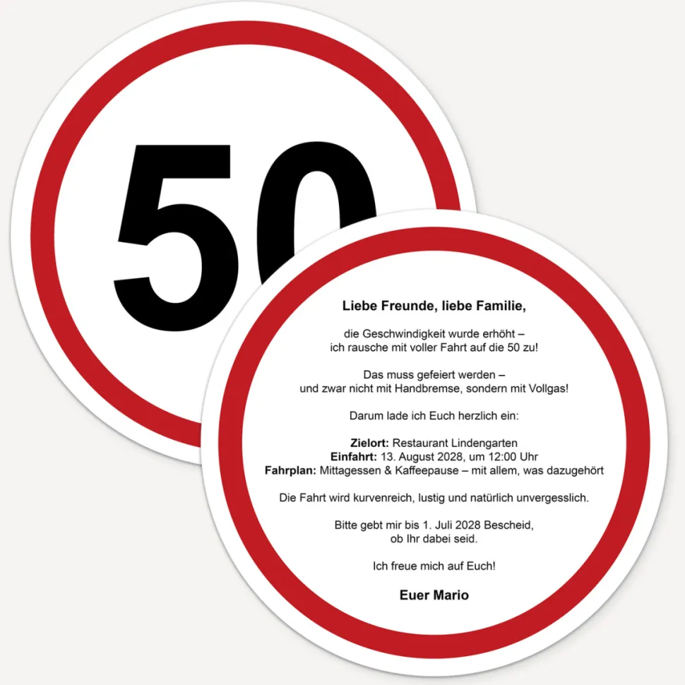 Einladung 50. Geburtstag "Verkehrsschild"