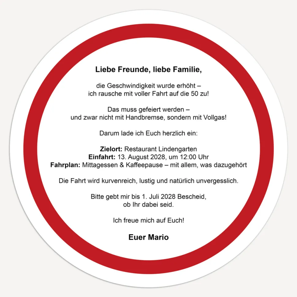 Einladung 50. Geburtstag "Verkehrsschild"