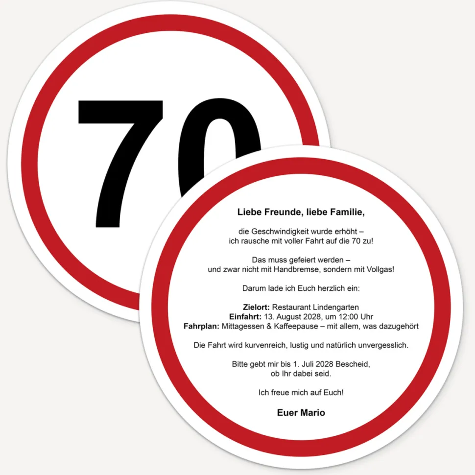 Einladung 70. Geburtstag "Verkehrsschild"