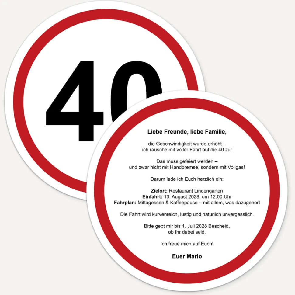 Einladung 40. Geburtstag "Verkehrsschild"