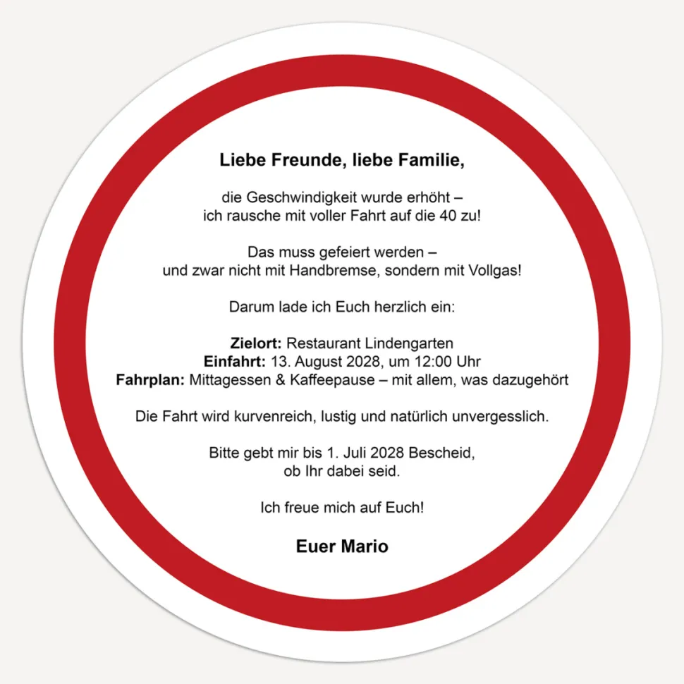 Einladung 40. Geburtstag "Verkehrsschild"