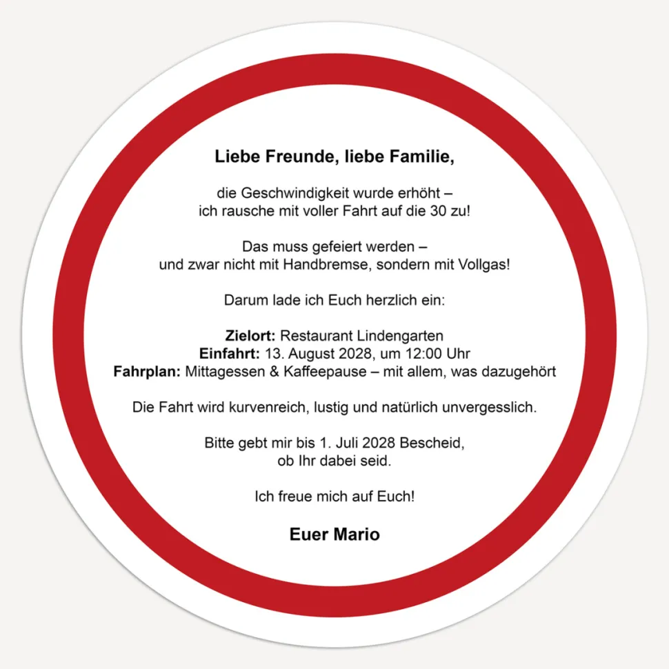 Einladung 30. Geburtstag "Verkehrsschild"