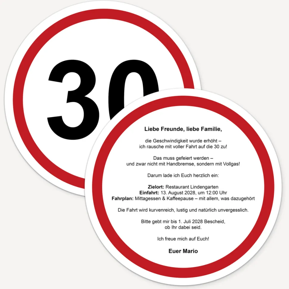 Einladung 30. Geburtstag "Verkehrsschild"