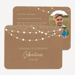 Einladung Jugendweihe runde Ecken "Party Lights" Kraftpapier Look