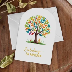 Einladung Kommunion Bogenkarte "Lebensbaum Bunte Blätter"