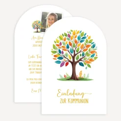 Einladung Kommunion Bogenkarte "Lebensbaum Bunte Blätter"