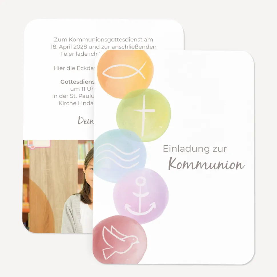 Einladung Kommunion runde Ecken "Symbole Pastell"