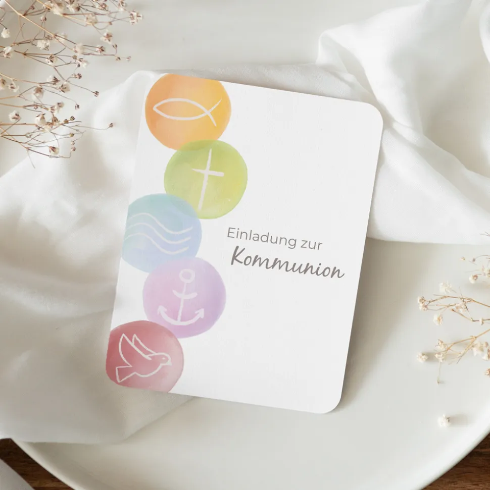 Einladung Kommunion runde Ecken "Symbole Pastell"