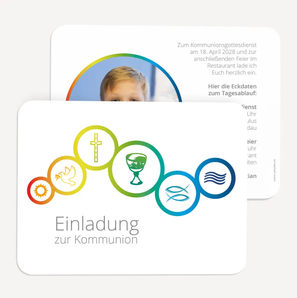 Einladung Kommunion runde Ecken "Regenbogen Symbole"
