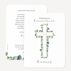 Einladung Kommunion runde Ecken "Eukalyptus Kreuz"