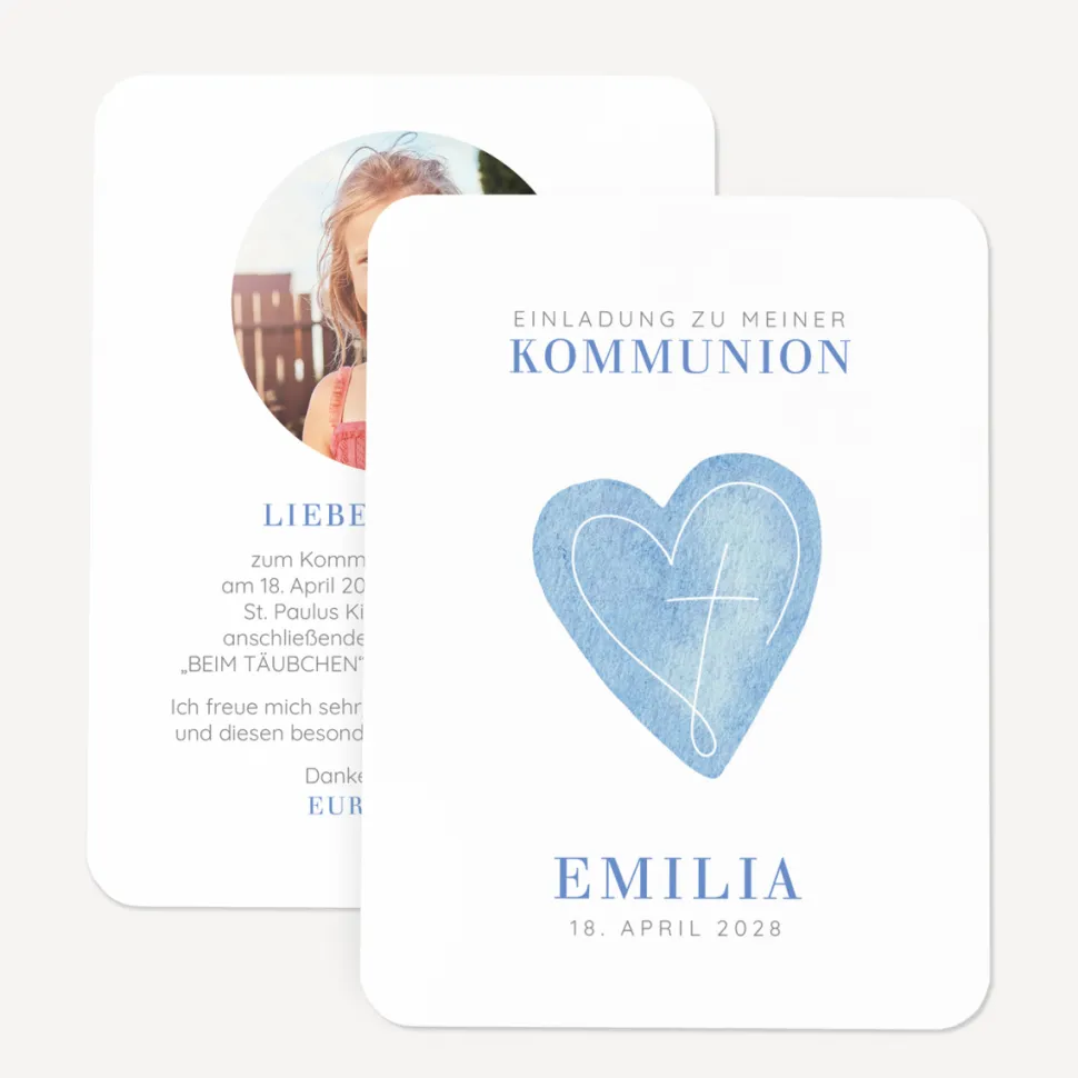 Einladung Kommunion runde Ecken "Herz"