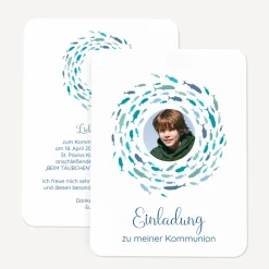 Einladung Kommunion runde Ecken "Fischschwarm"