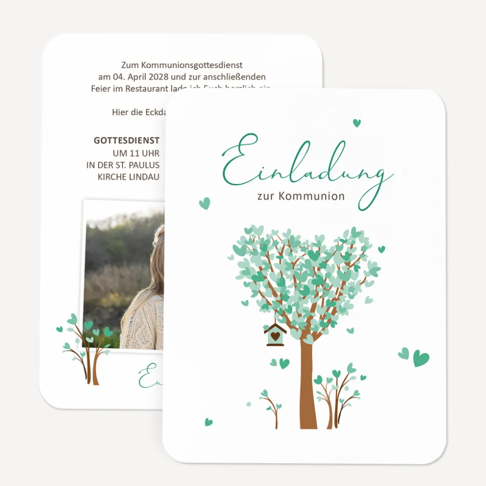 Einladung Kommunion runde Ecken "Baum Herzen"