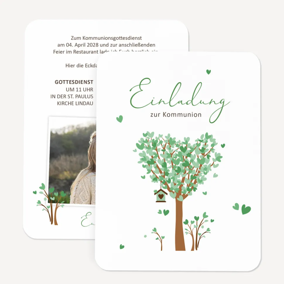 Einladung Kommunion runde Ecken "Baum Herzen"
