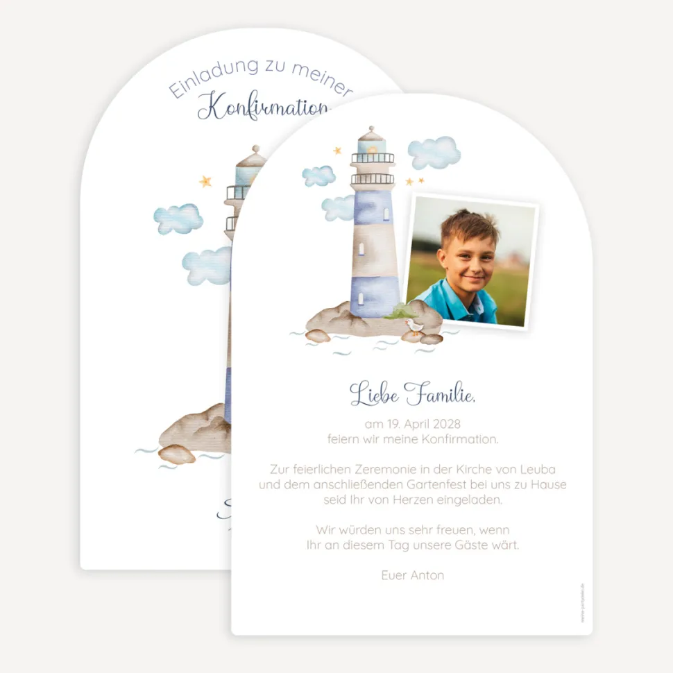Einladung Konfirmation Bogenkarte "Leuchtturm"