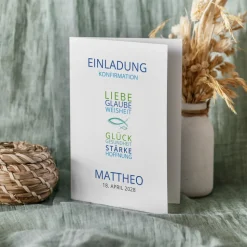 Einladung Konfirmation Junge "Liebe Glaube Weisheit"