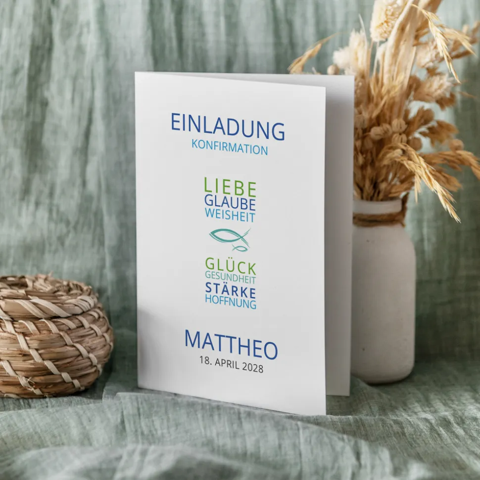 Einladung Konfirmation Junge "Liebe Glaube Weisheit"